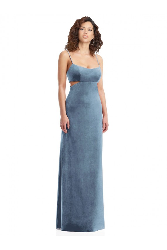 Long Sleeveless Stretch Velvet Dusty Blue Square Neck Sheath Formal Evening Gown / Prom Dress / Bridesmaid Dress Edmonton