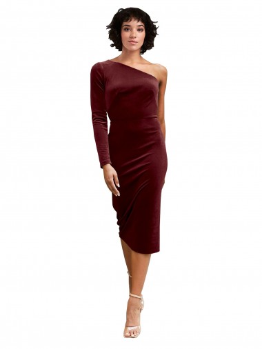 Midi Length Long Sleeves Stretch Velvet Burgundy A-Line Black Tie Prom Dress / Bridesmaid Dress Edmonton