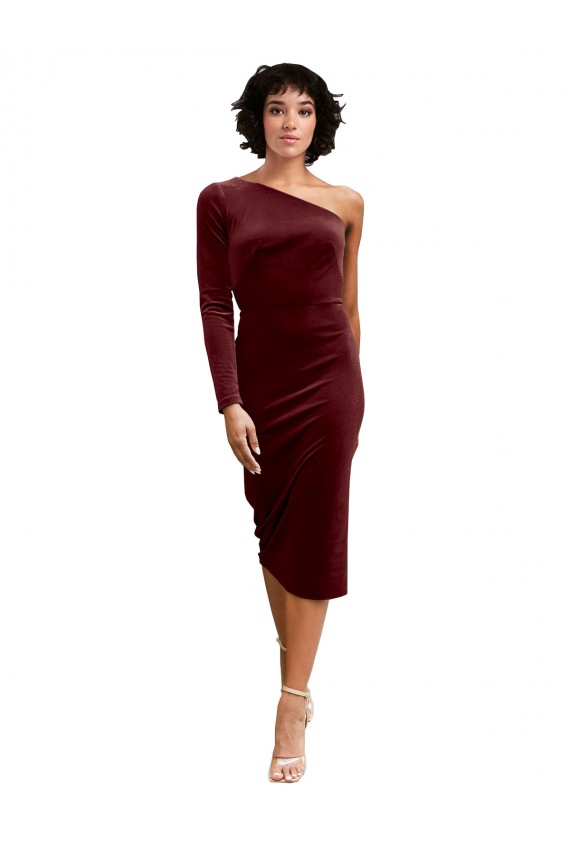 Midi Length Long Sleeves Stretch Velvet Burgundy A-Line Black Tie Prom Dress / Bridesmaid Dress Edmonton