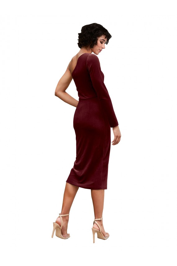 Midi Length Long Sleeves Stretch Velvet Burgundy A-Line Black Tie Prom Dress / Bridesmaid Dress Edmonton