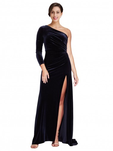Sweep Train Long Sleeves Stretch Velvet Dark Navy A-Line Formal Evening Gown / Prom Dress / Bridesmaid Dress Edmonton