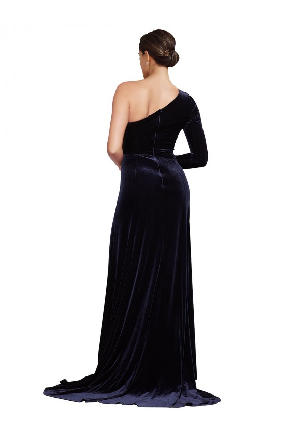 Sweep Train Long Sleeves Stretch Velvet Dark Navy A-Line Formal Evening Gown / Prom Dress / Bridesmaid Dress Edmonton