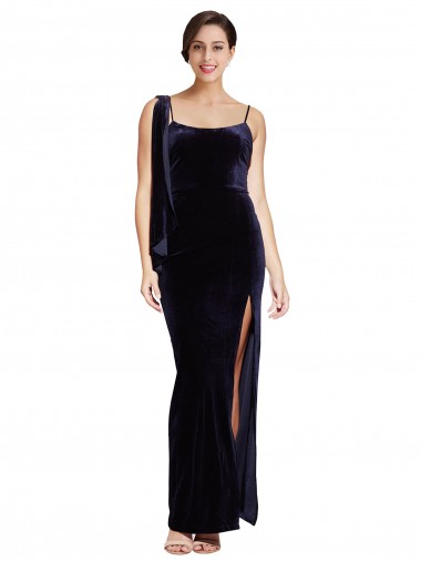 Long Sleeveless Stretch Velvet Dark Navy Sheath Formal Evening Gown / Prom Dress / Bridesmaid Dress Edmonton