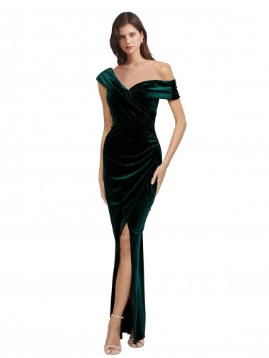 Long Sleeveless Stretch Velvet Dark Green Off the Shoulder Sheath High Low Evening Gown / Prom Dress / Bridesmaid Dress Edmonton